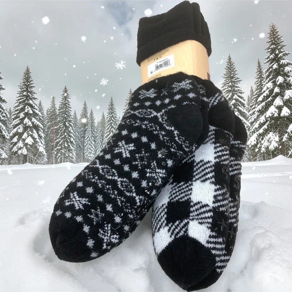 NEW MUK LUKS Cabin Socks Buffalo Plaid Black White Non Skid Women's Sz 6-10 NWT